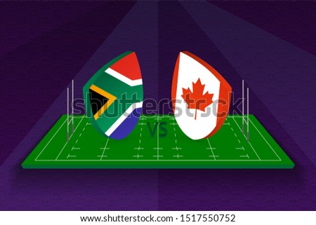 Rugby team South Africa vs Canada on rugby field. Sport vector template.