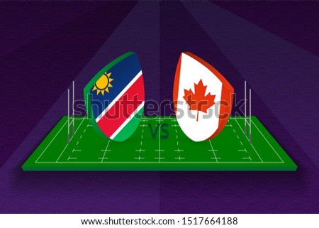 Rugby team Namibia vs Canada on rugby field. Sport vector template.