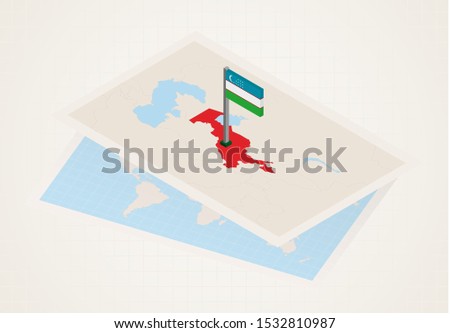 Uzbekistan selected on map with isometric flag of Uzbekistan. Vector paper map.