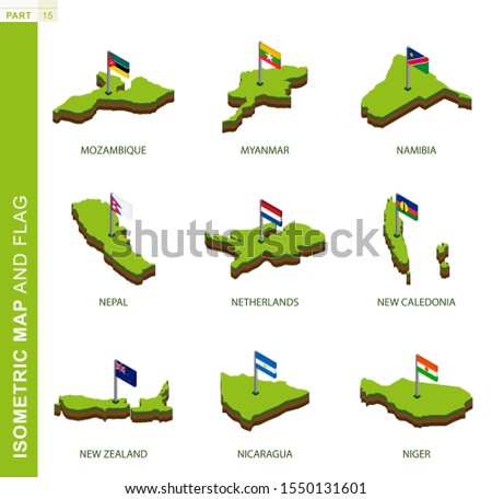 Set of 9 isometric map and flag, 3D vector isometric shape of Mozambique, Myanmar, Namibia, Nepal, Netherlands, New Caledonia, New Zealand, Nicaragua, Niger