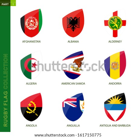 Rugby flag collection. Rugby icon with flag of 9 countries: Afghanistan, Albania, Alderney, Algeria, American Samoa, Andorra, Angola, Anguilla, Antigua and Barbuda