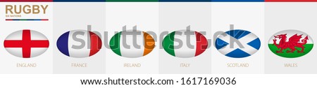 Rugby ball icon with flag of England, France, Ireland, Italy, Scotland and Wales. Vector rugby ball.