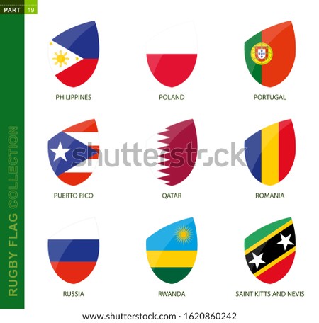 Rugby flag collection. Rugby icon with flag of 9 countries: Philippines, Poland, Portugal, Puerto Rico, Qatar, Romania, Russia, Rwanda, Saint Kitts and Nevis