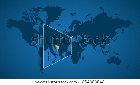 Detailed world map with pinned enlarged map of Bosnia and Herzegovina and neighboring countries. Bosnia and Herzegovina flag and map.