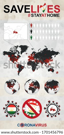 Infographic about Coronavirus in Tajikistan - Stay at Home, Save Lives. Tajikistan Flag and Map, World Map with COVID-19 cases.