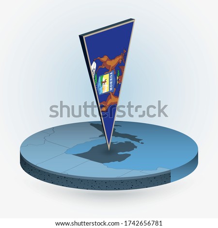 Michigan map in round isometric style with triangular 3D flag of US State Michigan, vector map in blue color.