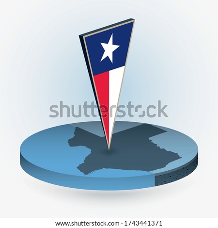 Texas map in round isometric style with triangular 3D flag of US State Texas, vector map in blue color.
