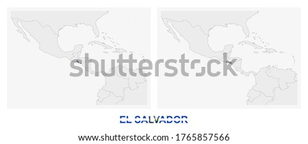 Two versions of the map of El Salvador, with the flag of El Salvador and highlighted in dark grey. Vector map.