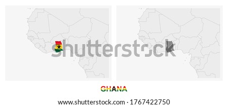 Two versions of the map of Ghana, with the flag of Ghana and highlighted in dark grey. Vector map.