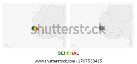 Two versions of the map of Senegal, with the flag of Senegal and highlighted in dark grey. Vector map.