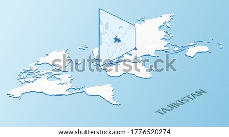 World Map in isometric style with detailed map of Tajikistan. Light blue Tajikistan map with abstract World Map. Vector illustration.