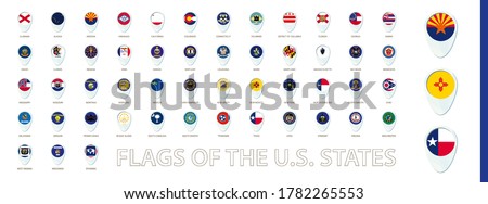 Flags of The U.S. States sorted alphabetically. Blue pin icon design. Blue pin icon design. Vector flag collection with preview.