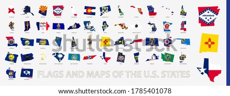 Flagged maps of U.S. States, all states of United States of America sorted alphabetically. Vector map contour with flag.