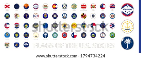 Round Circle Flag of the US States Sorted Alphabetically. Big Vector Set of Round Flag.