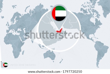 Pacific Centered World map with magnified United Arab Emirates. Flag and map of United Arab Emirates on Asia in Center World Map.