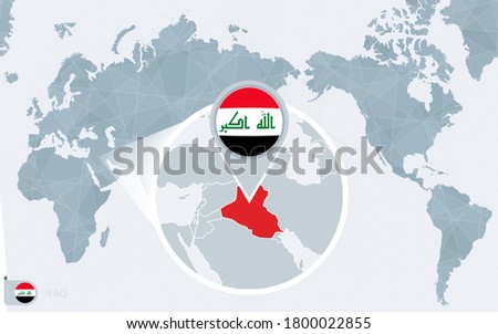 Pacific Centered World map with magnified Iraq. Flag and map of Iraq on Asia in Center World Map.