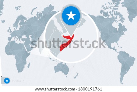 Pacific Centered World map with magnified Somalia. Flag and map of Somalia on Asia in Center World Map.