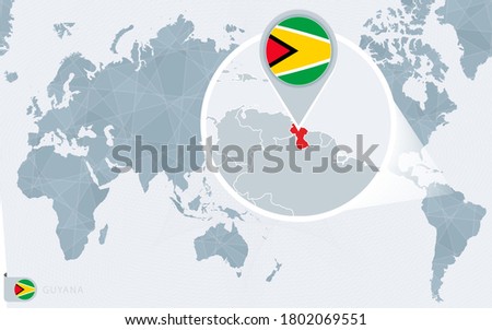 Pacific Centered World map with magnified Guyana. Flag and map of Guyana on Asia in Center World Map.