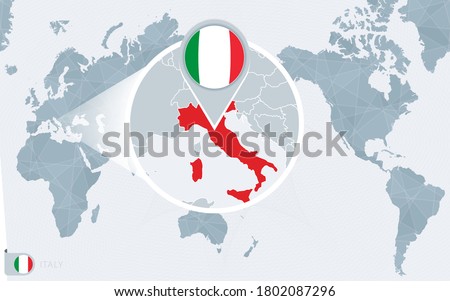 Pacific Centered World map with magnified Italy. Flag and map of Italy on Asia in Center World Map.