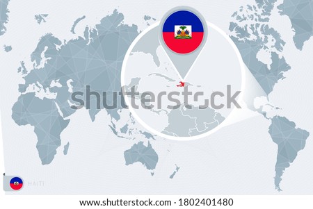 Pacific Centered World map with magnified Haiti. Flag and map of Haiti on Asia in Center World Map.