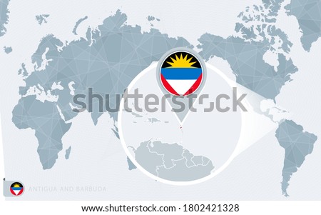 Pacific Centered World map with magnified Antigua and Barbuda. Flag and map of Antigua and Barbuda on Asia in Center World Map.