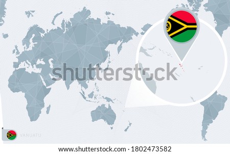 Pacific Centered World map with magnified Vanuatu. Flag and map of Vanuatu on Asia in Center World Map.