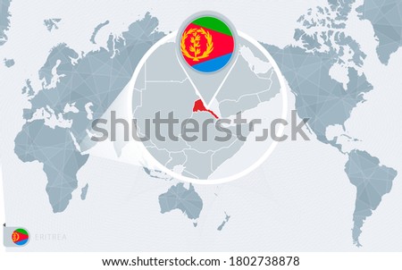 Pacific Centered World map with magnified Eritrea. Flag and map of Eritrea on Asia in Center World Map.