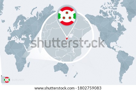 Pacific Centered World map with magnified Burundi. Flag and map of Burundi on Asia in Center World Map.