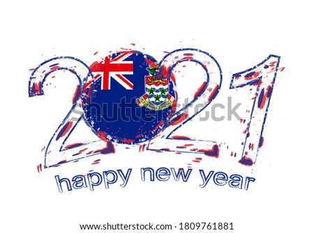 Happy New 2021 Year with flag of Cayman Islands. Holiday grunge vector illustration.