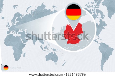 Pacific Centered World map with magnified Germany. Flag and map of Germany on Asia in Center World Map.