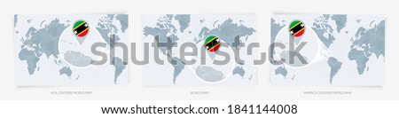 Three versions of the World Map with the enlarged map of Saint Kitts and Nevis with flag. Europe, Asia, and America centered world maps.