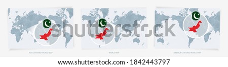 Three versions of the World Map with the enlarged map of Pakistan with flag. Europe, Asia, and America centered world maps.