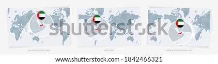 Three versions of the World Map with the enlarged map of United Arab Emirates with flag. Europe, Asia, and America centered world maps.