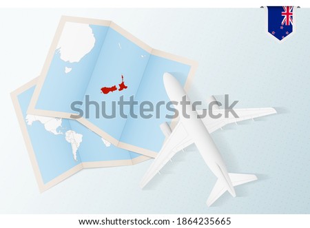 Travel to New Zealand, top view airplane with map and flag of New Zealand. Travel and tourism banner design.