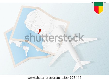 Travel to Benin, top view airplane with map and flag of Benin. Travel and tourism banner design.