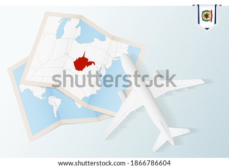 Travel to West Virginia, top view airplane with map and flag of West Virginia. Travel and tourism banner design.