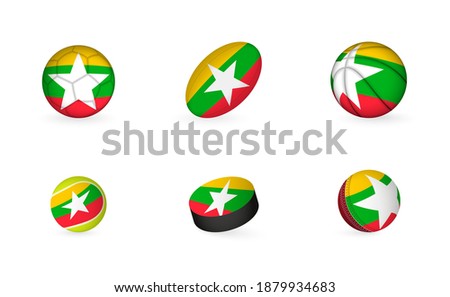 Sports equipment with flag of Myanmar. Sports icon set of Football, Rugby, Basketball, Tennis, Hockey, Cricket.