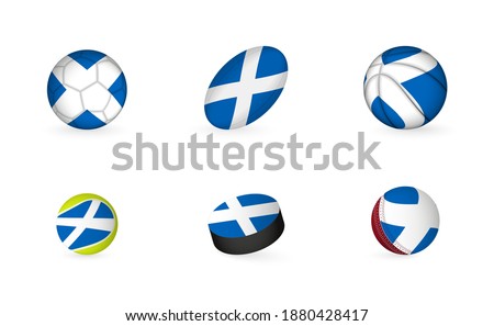 Sports equipment with flag of Scotland. Sports icon set of Football, Rugby, Basketball, Tennis, Hockey, Cricket.