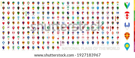 All official national flags of the world sorted alphabetically by continent. Vertical pin icon. Big flag collection.