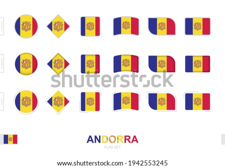 Andorra flag set, simple flags of Andorra with three different effects. Vector illustration.