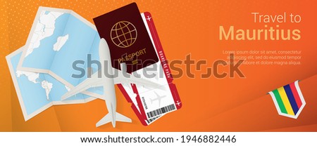 Travel to Mauritius pop-under banner. Trip banner with passport, tickets, airplane, boarding pass, map and flag of Mauritius. Vector template.