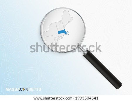 Magnifier with map of Massachusetts on abstract topographic background. Vector map.