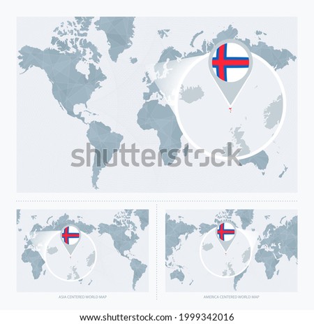 Magnified Faroe Islands over Map of the World, 3 versions of the World Map with flag and map of Faroe Islands. Vector Illustration.