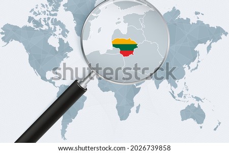 World map with a magnifying glass pointing at Lithuania. Map of Lithuania with the flag in the loop. Vector illustration.