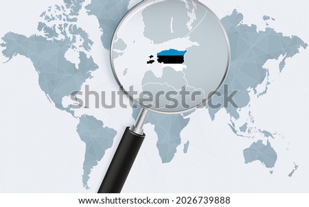 World map with a magnifying glass pointing at Estonia. Map of Estonia with the flag in the loop. Vector illustration.
