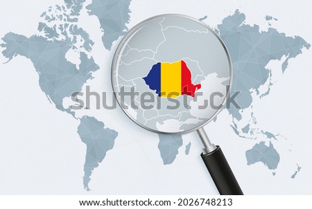 World map with a magnifying glass pointing at Romania. Map of Romania with the flag in the loop. Vector illustration.