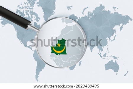 World map with a magnifying glass pointing at Mauritania. Map of Mauritania with the flag in the loop. Vector illustration.