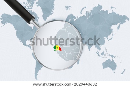 World map with a magnifying glass pointing at Senegal. Map of Senegal with the flag in the loop. Vector illustration.