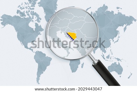 World map with a magnifying glass pointing at Bosnia and Herzegovina. Map of Bosnia and Herzegovina with the flag in the loop. Vector illustration.