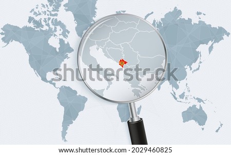 World map with a magnifying glass pointing at Montenegro. Map of Montenegro with the flag in the loop. Vector illustration.